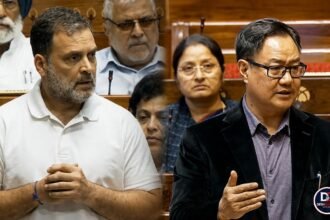 Rahul Gandhi and Kiren Rijiju during Delimitation Bill discussion in Parliament