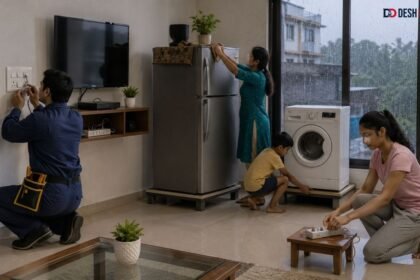 बारिश के मौसम में बिजली के उपकरणों को पानी से सुरक्षित रखते परिवार