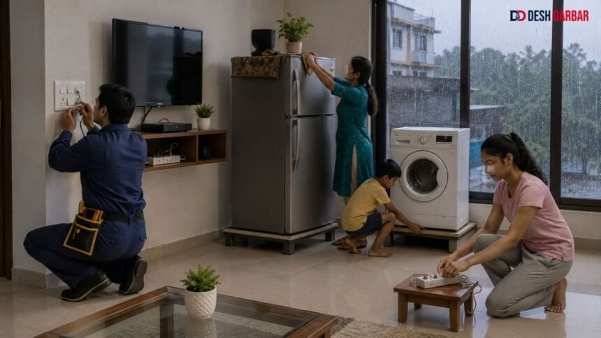 बारिश के मौसम में बिजली के उपकरणों को पानी से सुरक्षित रखते परिवार